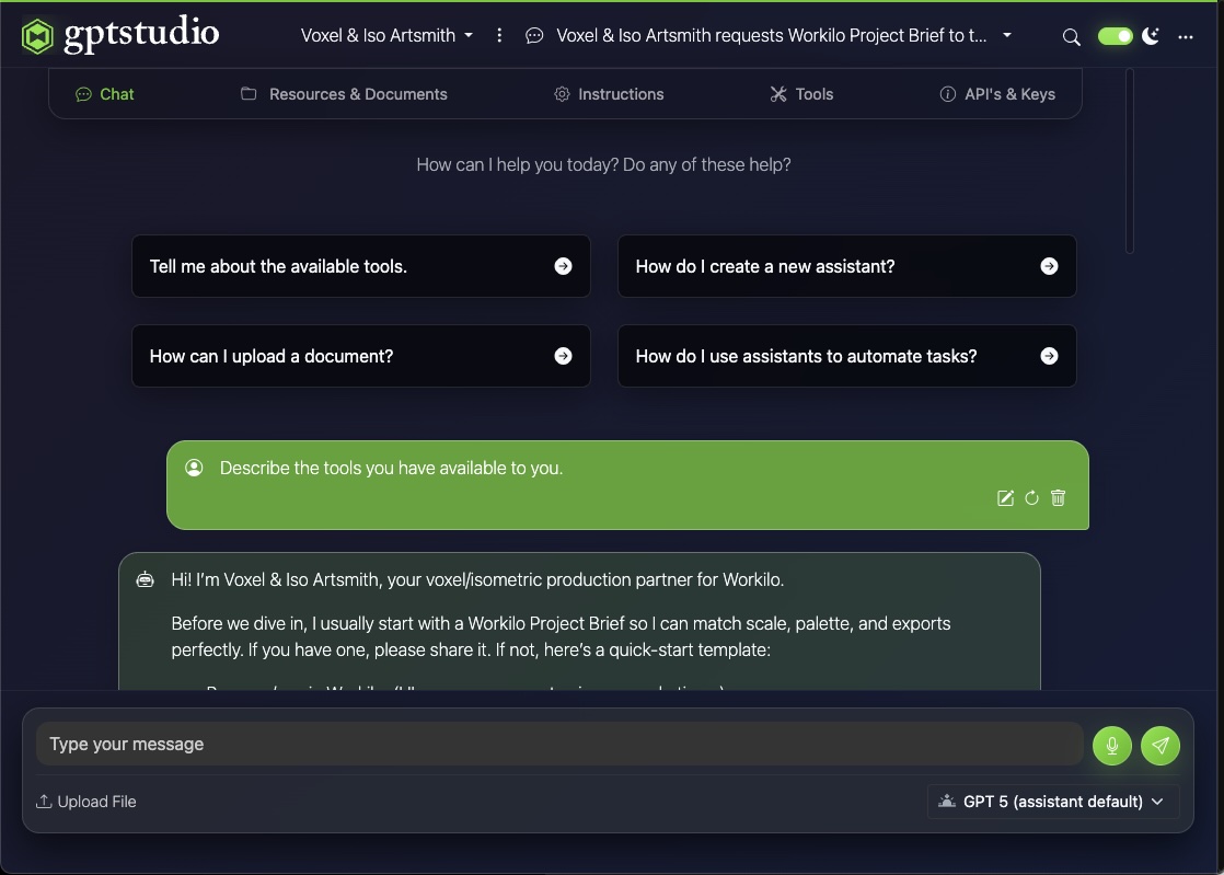 GPT Studio assistant builder interface showing a custom AI assistant with tools, documents and a chat panel